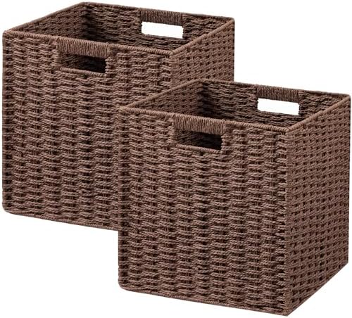 UBBCARE 2 Pack Wicker Basket, 11L×11H×10.5W inch Woven Paper Rope Storage Baskets for Shelves, Foldable Cube Storage bin with Handle, Storage Basket for Organizing & Decor, Brown by UBBCARE