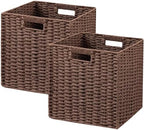 UBBCARE 2 Pack Wicker Basket, 11L×11H×10.5W inch Woven Paper Rope Storage Baskets for Shelves, Foldable Cube Storage bin with Handle, Storage Basket for Organizing & Decor, Brown by UBBCARE