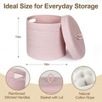 Storage Basket with Lid, Woven Blanket Storage for Living Room, Soft Cotton Rope Bin with Lid, Round Wicker Laundry Basket with Cover, Lidded Kid Dog Toy Box, Nursery Organizer, 15"x13", Pink - Image 2
