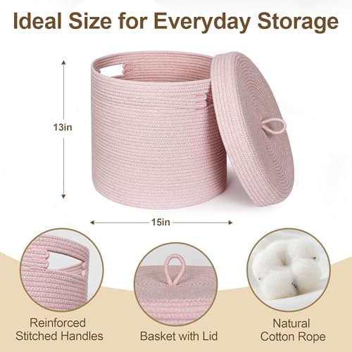 Storage Basket with Lid, Woven Blanket Storage for Living Room, Soft Cotton Rope Bin with Lid, Round Wicker Laundry Basket with Cover, Lidded Kid Dog Toy Box, Nursery Organizer, 15"x13", Pink - Image 2