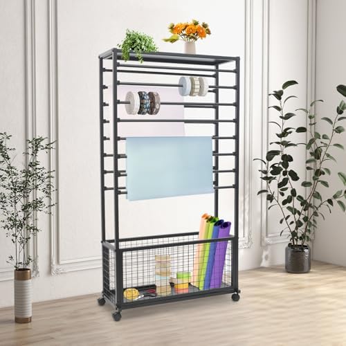 Ribbon Organizer Rack, Double-Sided 16 Tier Ribbon Storage Holder, Floral Wrapping Paper Spool Stand Racks for Craft Room, Scarf Tie Belt Towel Display Shelf Sewing Station Cart, Black, 31.5in Wide - Image 4