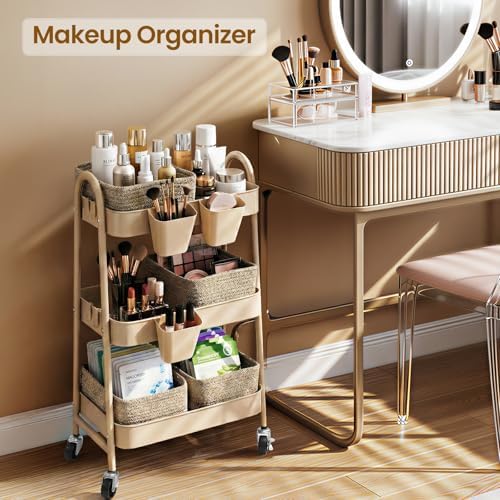 3-Tier Rolling Utility Cart with 4 Woven Baskets, Diaper Book Snack Cart, Storage Organizer for Nursery, Kitchen, Craft Room, Home SPA, Living Room, Metal Frame Trolley on Lockable Wheels, Brown - Image 6