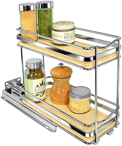 LYNK PROFESSIONAL® Élite™ Pull Out Spice Organization for Cabinets - 4-3/8 inch Wide – Spice Rack for Inside Cabinets – Wood/Chrome - Sliding Spice Rack Organizer for cabinet – Spice Rack - 2 Tier by LYNKPROFESSIONAL