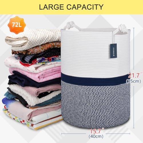 COMSE Tall Woven Blanket & Laundry Basket, 72L, Blend White & Navy Blue - Image 3