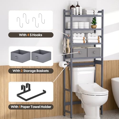 Homde Bathroom Over Toilet Storage Rack: Adjustable 4-Tier Bamboo (Grey) - Image 3