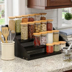 Solid Wood Spice Rack Organizer for Countertop & Cabinet, 4 Tier Adjustable Wooden Spice Shelf with Sliding Track, Premium Step Seasoning Bottle Holder for Kitchen, Cupboard, Pantry & Office, Black - Image 2