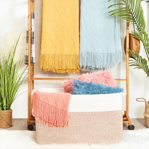 MINTWOOD Design 22in Extra Large Blanket Basket Holder Living Room, Rectangle Rope Woven Storage Basket with Handles for Laundry, Pool Towels, and Shoes, Dog Toy Organizer Bin Box, Light Brown - Image 2