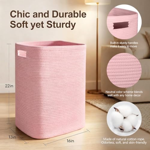 MEGASKET Large Laundry Hamper 16"x13"x22" - Tall Woven Laundry Basket, Cotton Rope Dirty Clothes Hamper, Baby Kids Nursery Wicker Laundry Basket, Bedroom Aesthetic, Soft Laundry Bin, Pink Hamper, 75L - Image 2