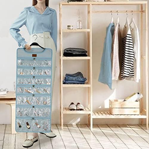 SMRITI Hanging Jewelry Organizer with Dual Zippered Pockets Canvas Double Sided Rotating Hanger Necklace Hanging Wall Organizer Earring Dustproof Holder Wall Mount Accessories Display Bag(Light Blue) - Image 3