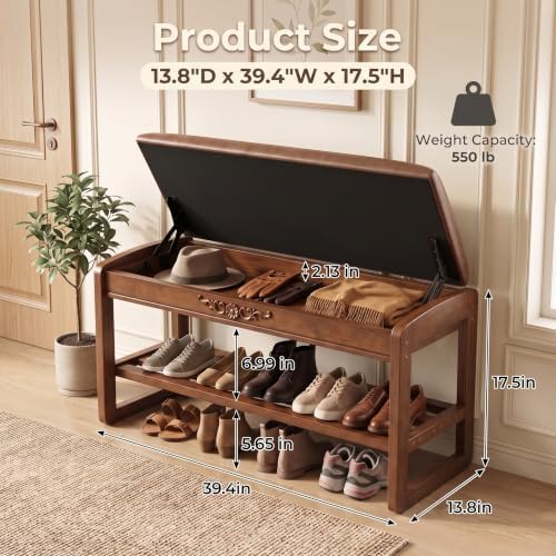 Shoe Rack Bench Solid Wood Entryway Shoe Storage Bench with Flip-Top 39.4'' - Image 2