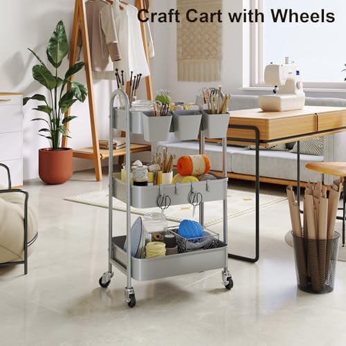 3 Tier Gray Metal Rolling Cart, Three Tiered Storage Dorm Carts with Wheels - Image 6