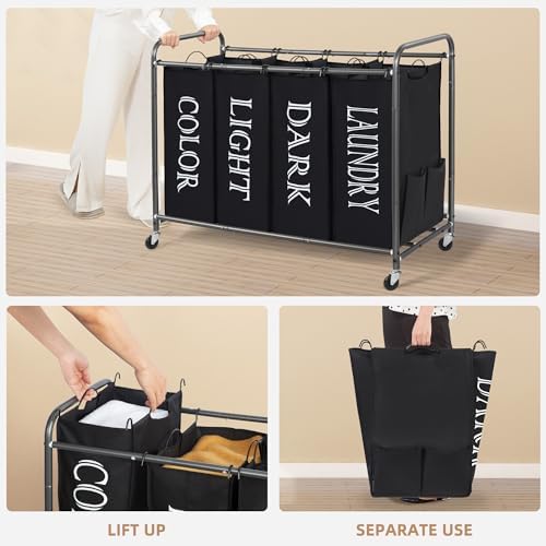 STORAGE MANIAC 4 Section Laundry Sorter Rolling Laundry Hamper, Label Black - Image 4