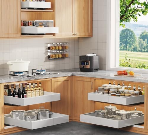 Seinloes 6 Pack Expandable Pull Out Cabinet Organizer 21"Deep With Raising Pad for Framed Cabinets,Upgrade 3 Slide Rails Slide Out Drawers,No Drill Roll Out Shelves,Adjustable Width 12.1"-20.4" White by Seinloes