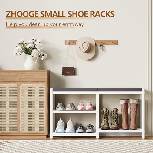ZHOOGE Shoe Bench & Rack Storage Bench with Seat Cushion, Stable Entryway Bench Holds Up to 300 lb, (35" L x 12" W x 17" H, White) - Image 7