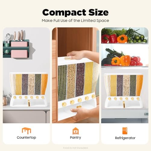 Dry Food Dispenser, Wall mounted 6 Grid Beans Dispenser, 25 pounds(10Kg) Rice dispenser Kitchen Storage with Measuring Cup, Press-Type Funnel, Transparent Design for Grains/Cereals - Image 4