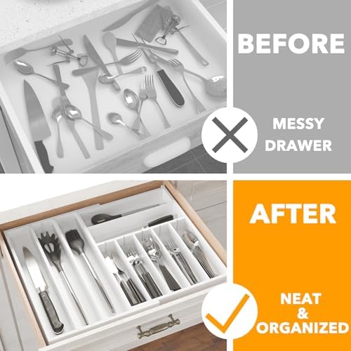 SpaceAid 2.5" High Bamboo Silverware Drawer Organizer with Labels, Kitchen Utensil Expandable Tray Holder for Flatware, Cutlery, Spoon and Knives Drawer Storage Organization (White) - Image 2