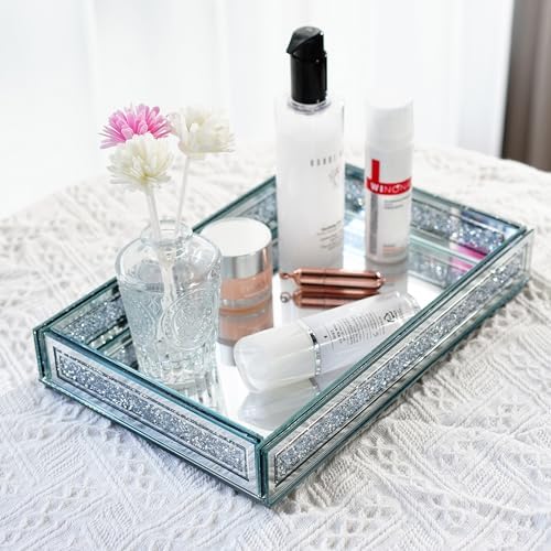 Crush Diamond Mirror Perfume Tray, Silver Glass Mirror Trays for Vanity - Image 3