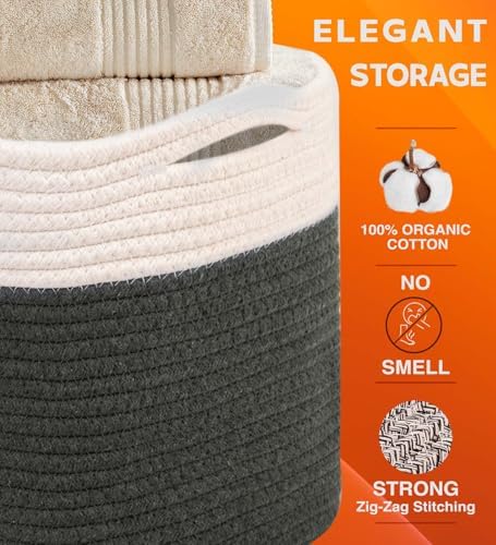 CHAT BLANC Cotton Rope Baskets for Organizing, Shelves, Toys, Storage, Shoe, Bathroom, Laundry, Towel, Nursery, Home Decor, Blanket, Cloth Woven Bins Fabric (Creamy White & Graphite, 15"x10"x9") - Image 2