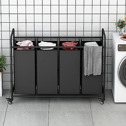 LINZINAR 4 Section Laundry Hamper, Black Laundry Basket 180L Laundry Sorter - Image 2