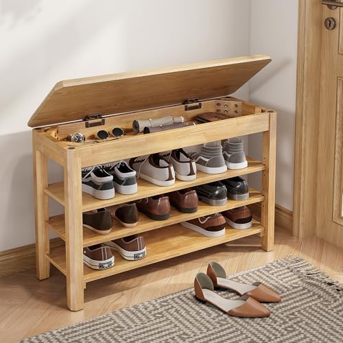 IUNVR Shoe Rack Bench Seat Rubberwood 3-Tier Wooden Storage Bench 550lbs Compact Mid-Century Modern Design for Entryway, Hallway, Closet, Front Door Entrance, Foyer by IUNVR