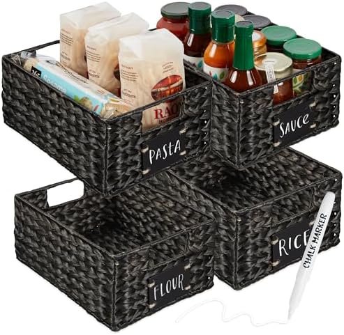 Best Choice Products Set of 4 9x12in Water Hyacinth Pantry Baskets, Woven Organizers w/Chalkboard Label, Chalk Marker - Black by BestChoiceProducts