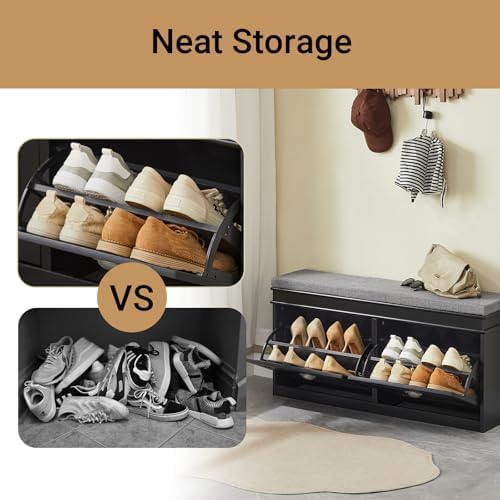Haotian Black Storage Shoe Bench with Two Flip Drawers - Image 5