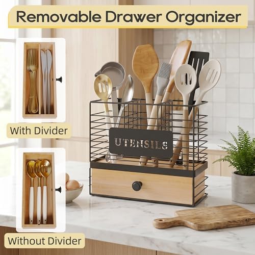 THYGIFTREE Kitchen Utensil Holder for Countertop, 2-in-1 Utensil Organizer with Drawer, Wall Mount or Counter Use, Utensil & Silverware Holder for Spatula, Cookware - Image 5