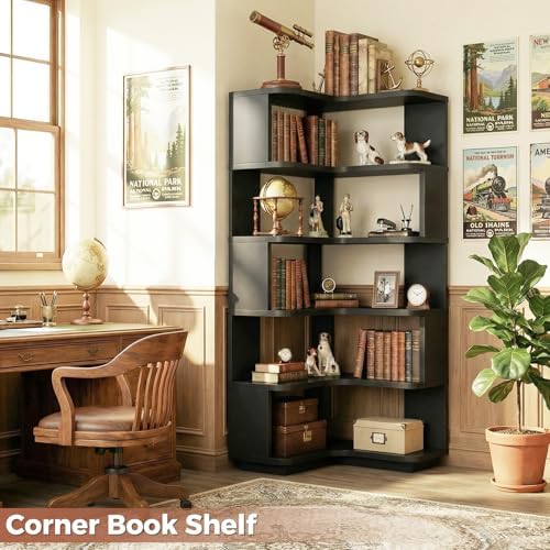 Besiost Corner Book Shelf, 6-Shelf Corner Bookshelf for Small Corner Spaces, L-Shape Bookcase Corner Display Shelf for Home Office, Living Room, Bedroom, Black - Image 7