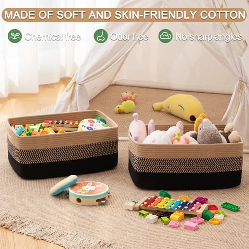 OIASKET Large Storage Basket for Organizing, Woven Rope Basket for Shelves, Closet Organizer Bins for Clothes, Blanket, Toys, Baby Nursery Storage, 17.7" x 13" x 7.87", 2 Packs Black & Brown - Image 5