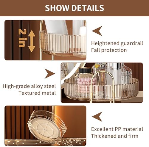 YCIA&DONE 360 Rotating Makeup Organizer and Storage for Vanity Countertop 3 Tiers, High Capacity Cosmetic Skincare Perfume Organizers for Dresser Bathroom Lazy Susan (Amber Gold) - Image 3