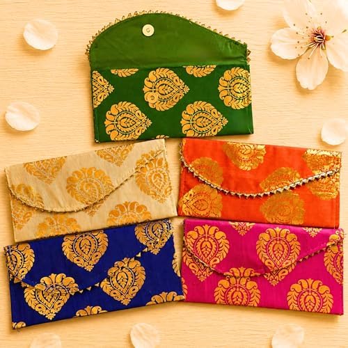 LoveNspire Brocade Fabric Money Envelopes (8 x 4 Inch) Decorative Floral Pattern Shagun Lifafa for Indian Wedding, Birthday | Cash Gift Holder & Home Savings Organizer Assorted/Pack of 10 by LOVENSPIRE