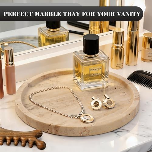 Natural Round Marble Tray - 7.8" Travertine Marble Vanity Tray for Dresser, Bathroom, Decorative Jewelry Dish for Perfumes Rings Earrings Necklaces, Stone Tray for Home Décor, Beige - Image 4