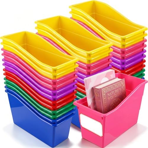 Teling 36 Pcs Book Bins Bulk for Classroom Storage Plastic Magazine Holder with Label Interlocking File Folder Organizer Binder Container Box for School Office Desktop Bookshelf Home (Rainbow Bright) by Teling