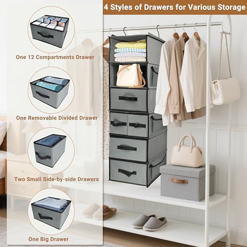Durable 6-Tier hanging closet organizer with 5 Drawers & 3 Side Pocket,Thickened Fabric Hanging Shelves Holder with Sturdy Hook,Space-saving Storage Organization for Bedroom,Dorm,Guestroom,RV,Bathroom - Image 3