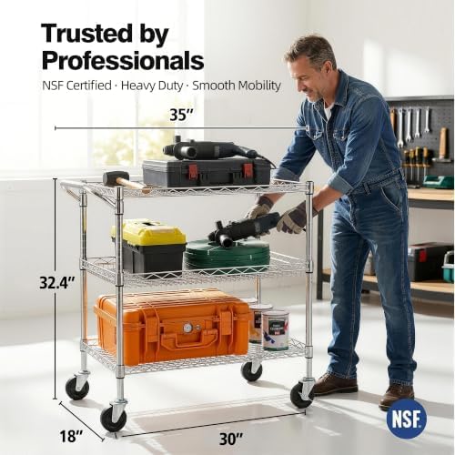 Finnhomy 3 Tier Heavy Duty Commercial Grade Utility Cart, Wire Rolling Cart with Handle Bar, Steel Service Cart with Wheels, Utility Shelf Plant Display Shelf Food Storage Trolley, NSF Listed - Image 2