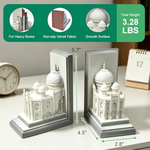 Book Ends for Shelves, Heavy Duty Decorative Bookends, Non-Skid Castle Design Book Holder for Heavy Books/CDs, Modern Aesthetic Resin Shelf Decor, Book Stopper for Home Office, Set of 2, White - Image 2