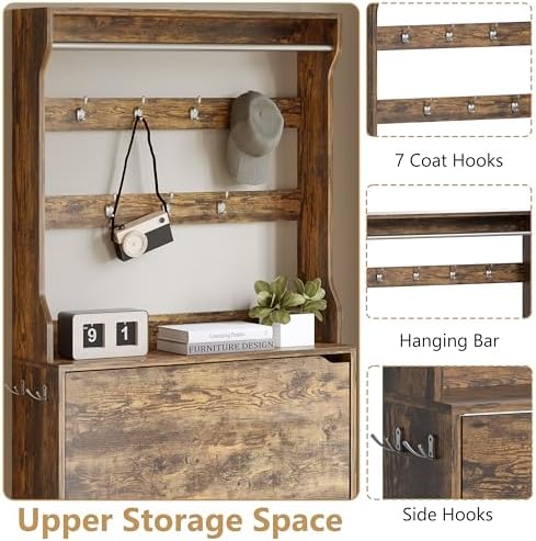 Wodeer Tall Shoe Cabinet with Coat Rack, Hidden Shoe Storage Cabinet with Doors & Drawer, Hanging Bar & Hooks, Slim Narrow Freestanding Shoe Rack Organizer for Entryway, Hallway & Living Room, Brown - Image 6