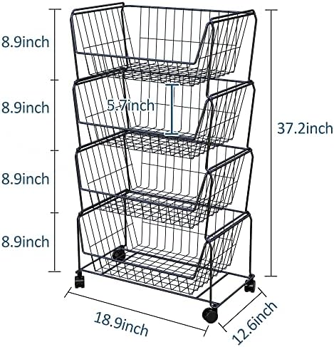 PUSDON 4-Tier Large Stackable Wire Storage Baskets with Wheels, Metal Rolling Utility Cart Organizer, Produce Basket for Kitchen Pantry, Floor Shelf, Matte Black - Image 4