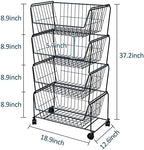 PUSDON 4-Tier Large Stackable Wire Storage Baskets with Wheels, Metal Rolling Utility Cart Organizer, Produce Basket for Kitchen Pantry, Floor Shelf, Matte Black - Image 4