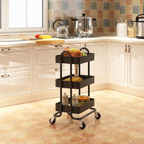 Metal Rolling Cart,3-Tier Metal Rolling Cart with Wheels,3 Tier Utility Cart with Wheels for Office,Home,Kitchen,Garden（13.4"x18.1"x31"） Black - Image 5