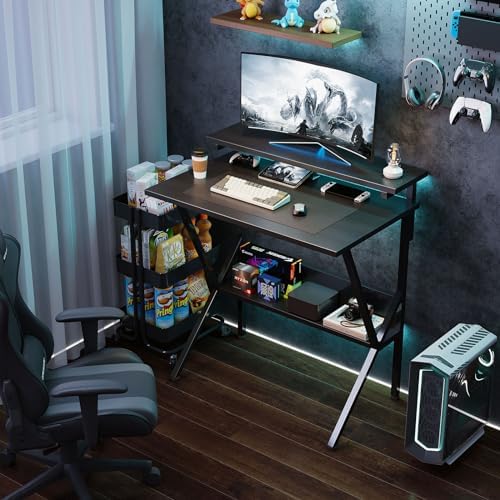 COTUBLR Small Desk, 27.5 Inch Small Computer Desk for Small Spaces, Computer Desk with Adjustable Monitor Stand, Compact Desk with Storage, Tiny Desk Study Desk for Bedroom Home Office, Black - Image 2