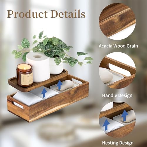 Hanobe 2pcs Acacia Wood Bathroom Toilet Storage Basket Tank Topper Set - Image 3