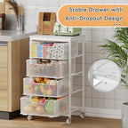 4-Tier Kitchen Storage Cart - Fruit Vegetable Storage Cart with Drawers, Wooden Top Metal Wire Kitchen Organizer and Storage Cart with Wheels to Storage Onions Potatoes Cans Snacks for Kitchen - Image 3