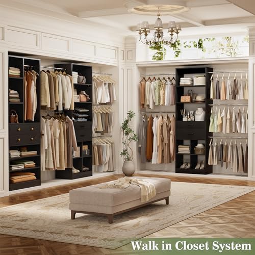 Besiost Closet System, Up to 128.6"/10.7 FT Closet Organizer with 4 Wooden Drawers and Shelves, Walk-in Closet System with 6 Hanging Rods, Built-in Closet Can Fit 96"/8FT, 120"/10FT, Black Set 2 - Image 7