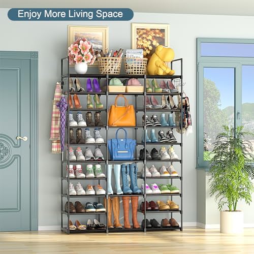 Kottwca 3 Row 10 Tier Large Shoe Rack Organizer for Closet Entryway, 60-65 Pair Shoe Boot Storage Rack, Metal Shoe Shelf Tall Vertical Stackable Shoe Stand for Bedroom Corner - Image 2
