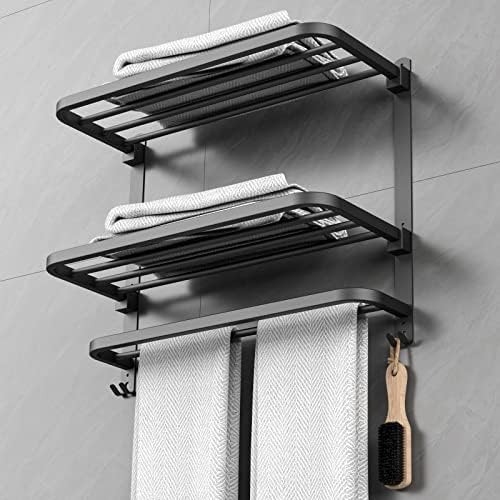 CAXIMSY 22.8Inch Towel Rack for Bathroom and Lavatory Towel Hanger with Wall Mount Towel Bars 304 Stainless Steel No Drill (Collapsible Black Towel Rack) by CAXIMSY
