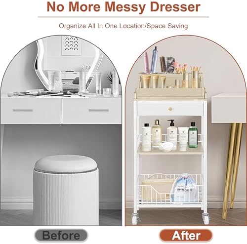 Makeup Organizer Cart, Removable Display Case, White and Natural - Image 6