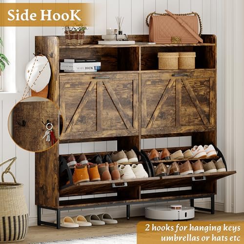 Wodeer Shoe Cabinet Storage for Entryway, Shoe Storage Cabinet with 4 Flip Drawers, Freestanding Narrow Shoe Rack Organizer with Metal Legs, Adjustable Shelves & Open Storage for Foyer, Hallway, Brown - Image 4