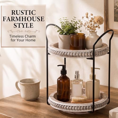 Qunclay 360 Rotating 2 Tier Wooden Tray Organizer Rustic Farmhouse Vanity Storage Large Capacity Round Organizer with Iron Frame for Cosmetics Perfume Skincare Kitchen Counter Bathroom Coffee Station - Image 6