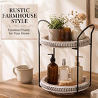 Qunclay 360 Rotating 2 Tier Wooden Tray Organizer Rustic Farmhouse Vanity Storage Large Capacity Round Organizer with Iron Frame for Cosmetics Perfume Skincare Kitchen Counter Bathroom Coffee Station - Image 6